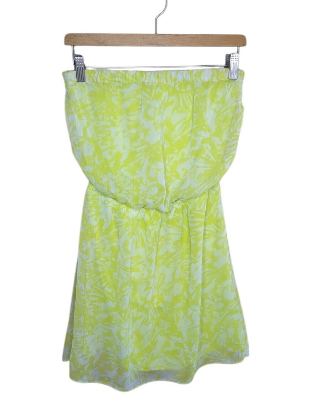 Express Bright Neon Yellow White Floral Print Strapless Chiffon Dress Size XS